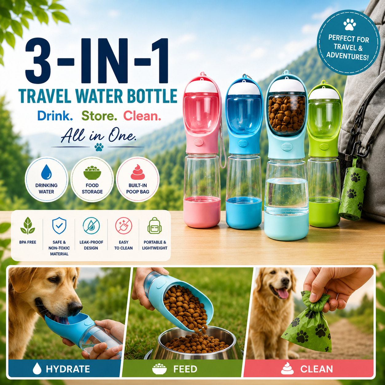 3-in-1 Travel Water Bottle for Pets
